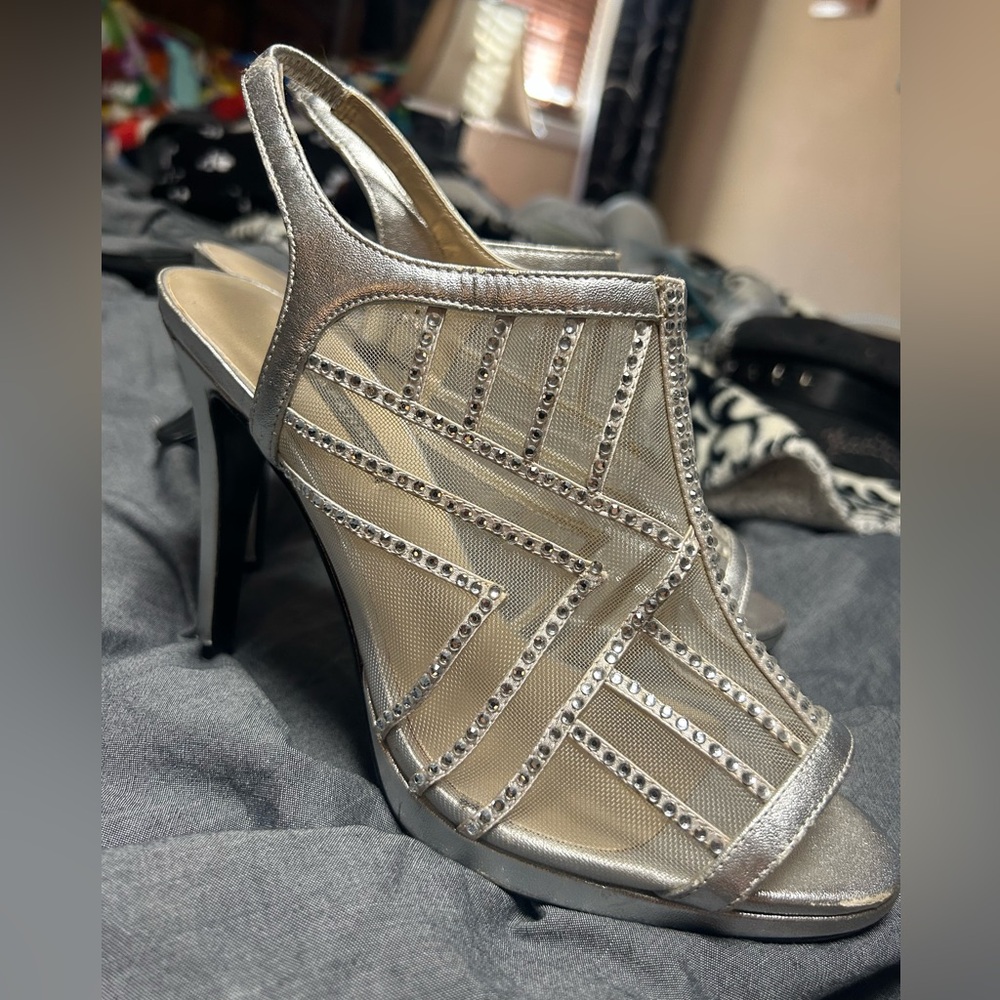 Silver Rhinestone Mesh Slingback Heels for Women